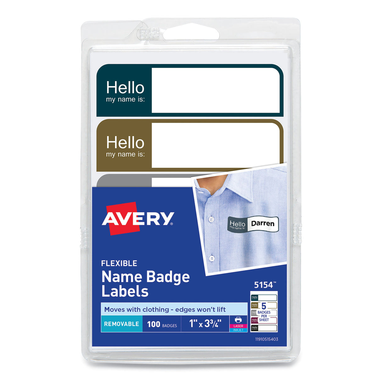Avery Flexible Self-Adhesive Mini Name Badge Labels, 1 x 3.75, Hello, Assorted, 100/Pack (5154)
