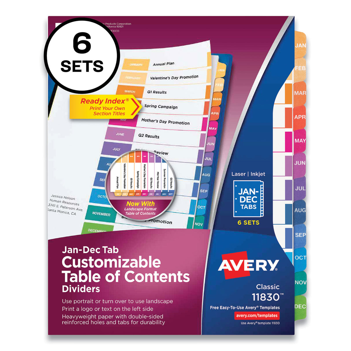 Avery Customizable Table of Contents Ready Index Multicolor Dividers, 12-Tab, Jan. to Dec., 11 x 8.5, White, 6 Sets (11830)
