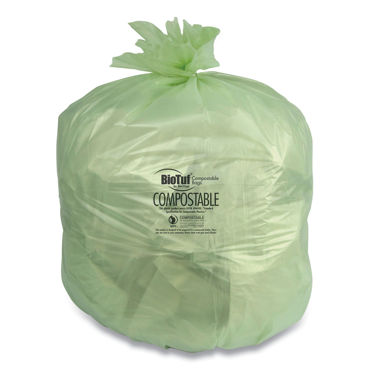 Heritage Biotuf Compostable Can Liners, 48 gal, 0.8 mil, 42" x 48", Green, 25 Bags/Roll, 5 Rolls/Carton (Y8448EER01)