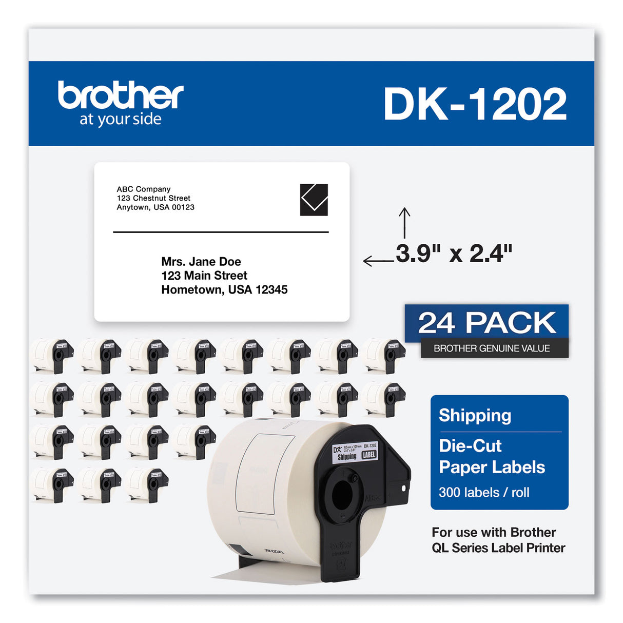 Brother Die-Cut Shipping Labels, 2.4 x 3.9, White, 300 Labels/Roll, 24 Rolls/Pack (DK120224PK)