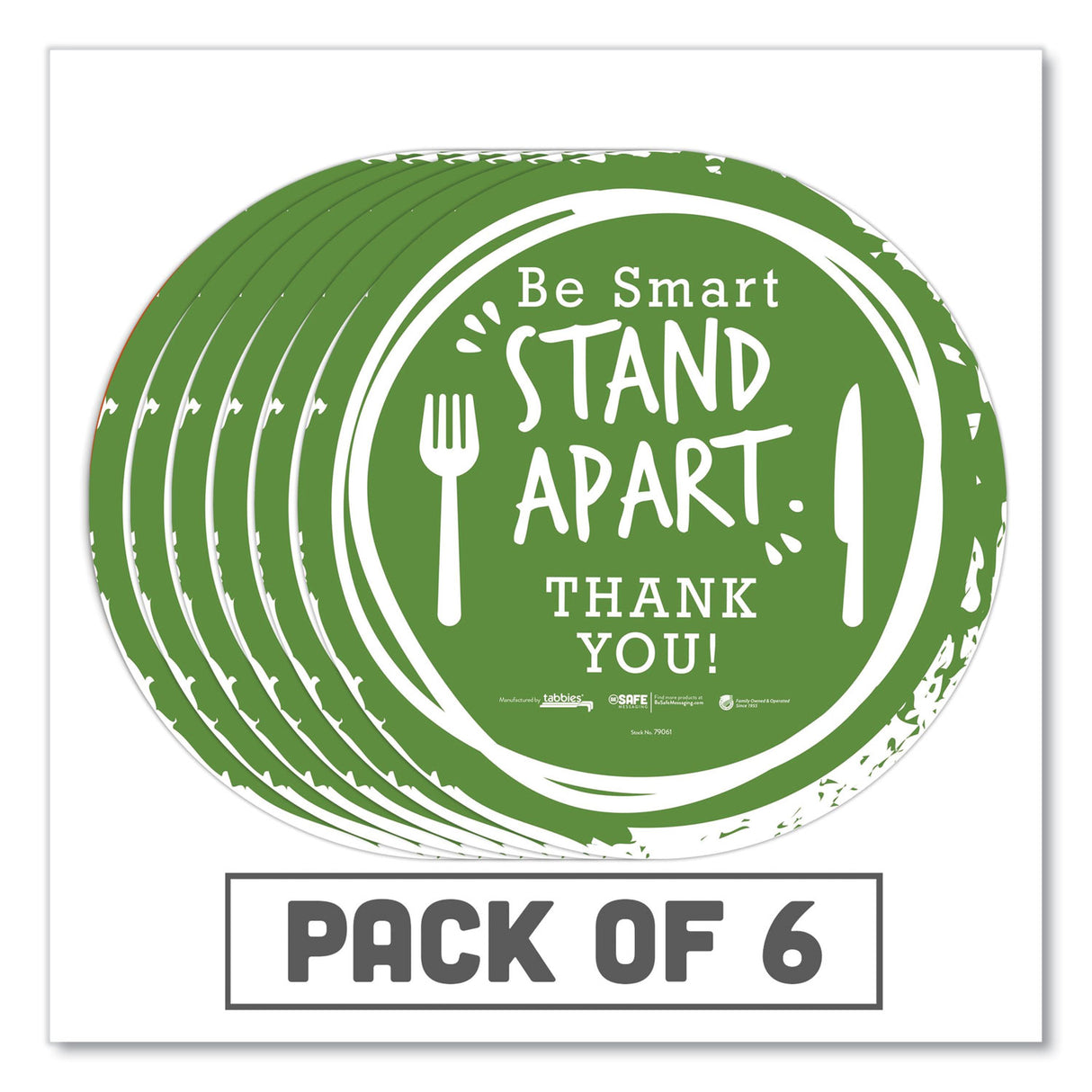 Tabbies BeSafe Messaging Floor Decals, Be Smart Stand Apart; Knife/Fork; Thank You, 12" Dia., Green/White, 6/Carton (79061)