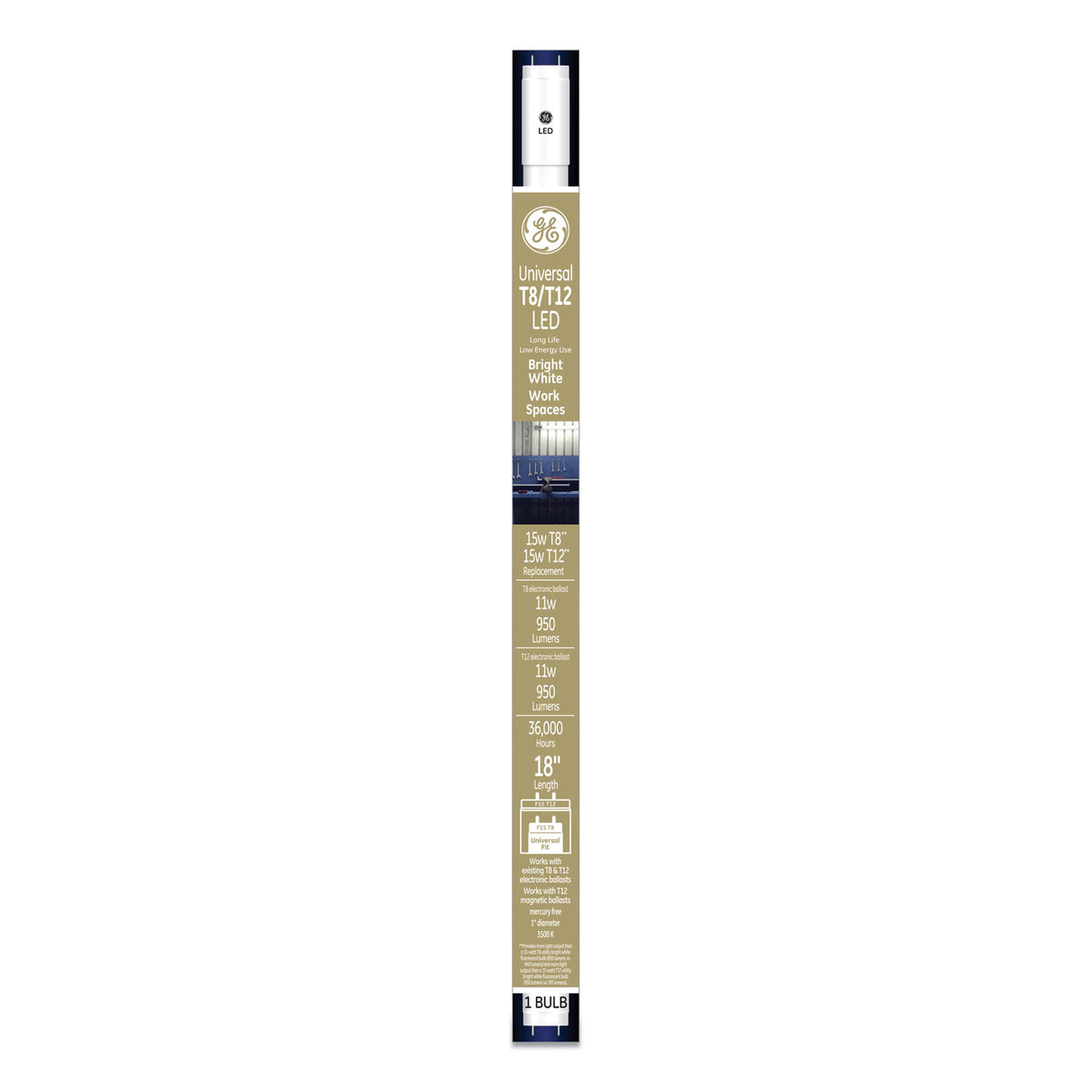 GE 18" T8/T12, 15 W, T8 Tube, 11 W, Bright White, 6/Carton (37176)