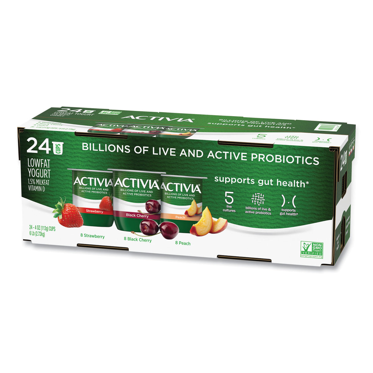 Activia Probiotic Lowfat Yogurt, 4 oz Cups, Black Cherry/Peach/Strawberry, 24/Pack (90200477)