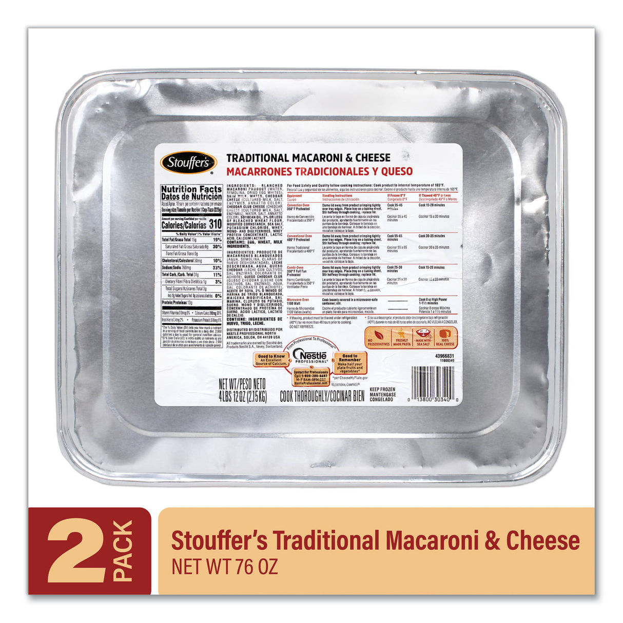 Stouffer's Traditional Baked Macaroni and Cheese, 76 oz Tray, 2/Pack (60300014)