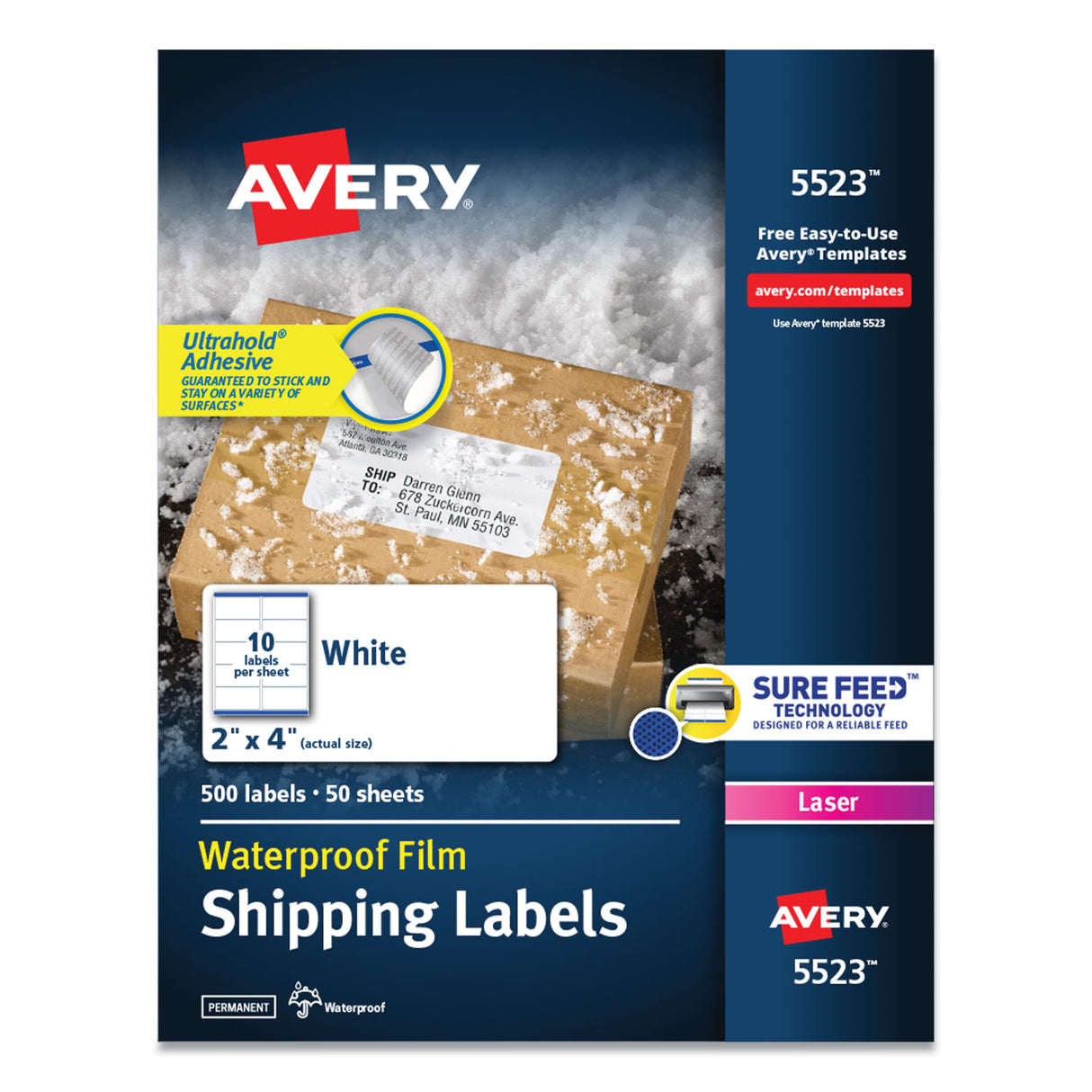 Avery Waterproof Shipping Labels with TrueBlock and Sure Feed, Laser Printers, 2 x 4, White, 10/Sheet, 50 Sheets/Pack (5523)