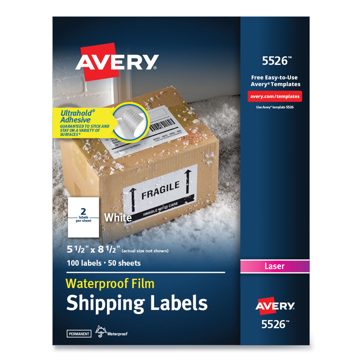 Avery Waterproof Shipping Labels with TrueBlock Technology, Laser Printers, 5.5 x 8.5, White, 2/Sheet, 50 Sheets/Pack (5526)