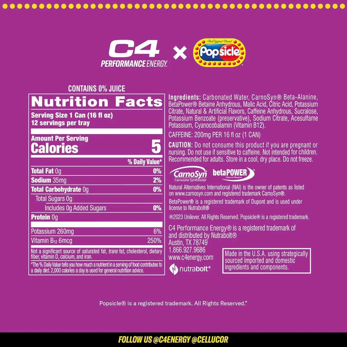 C4 Energy Drink X Grape Popsicle, Carbonated Sugar Free Pre Workout Performance Drink with No Artificial Colors or Dyes, 16 Oz, Pack of 12