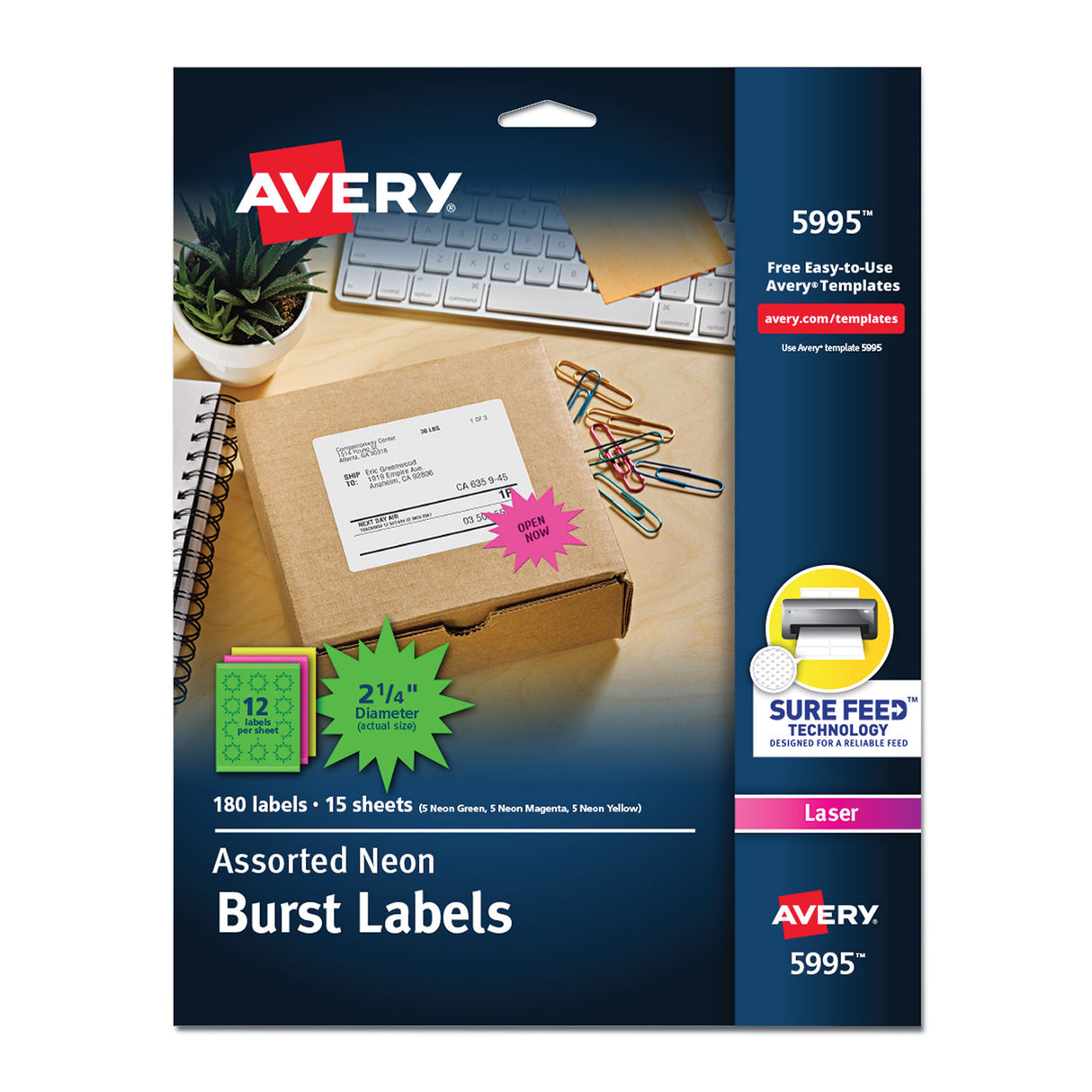 Avery High-Visibility ID Labels, Laser Printers, 2.25" dia, Assorted, 12/Sheet, 15 Sheets/Pack (5995)