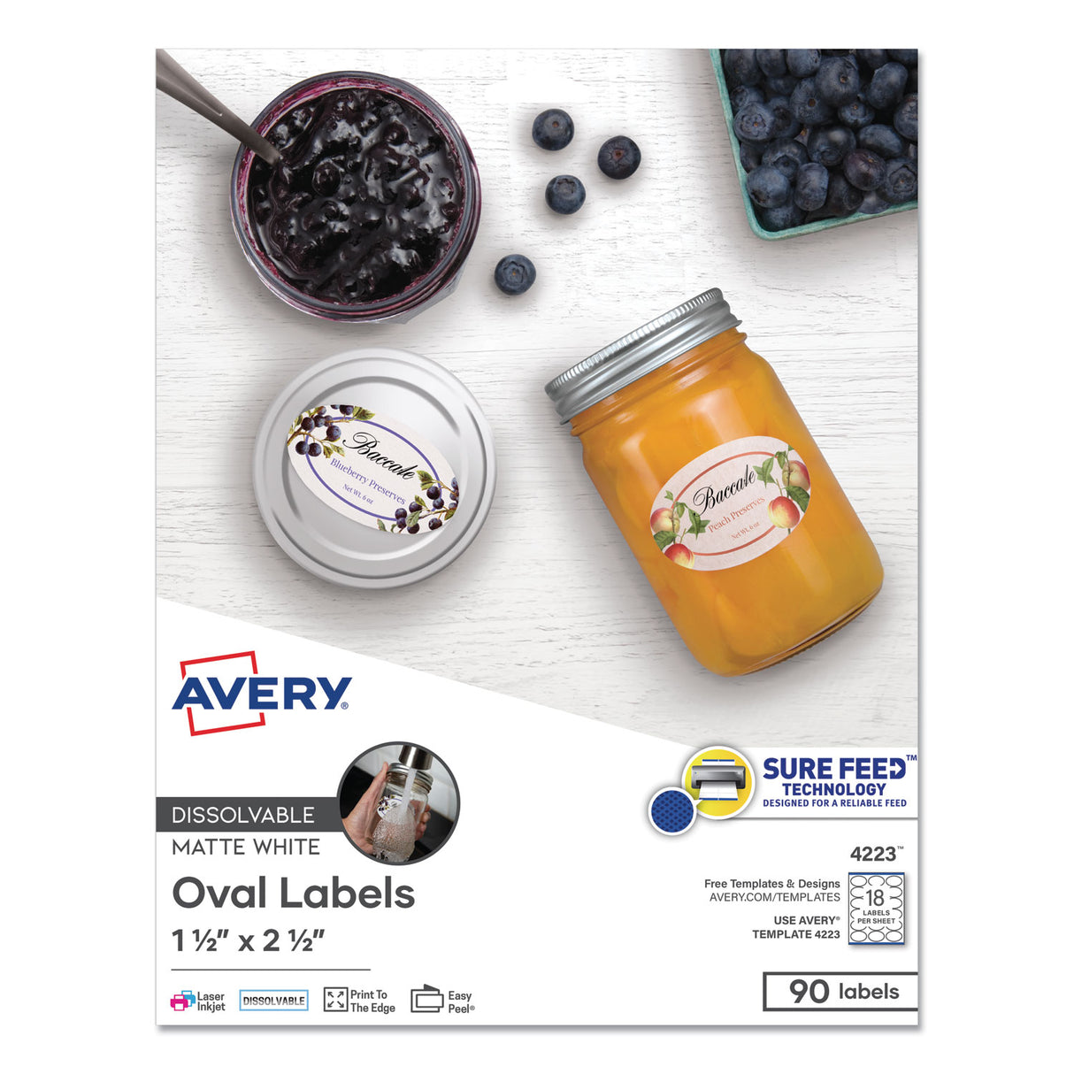 Avery White Dissolvable Labels w/ Sure Feed, 1.5 x 2.5, Oval, White, 90/PK (4223)