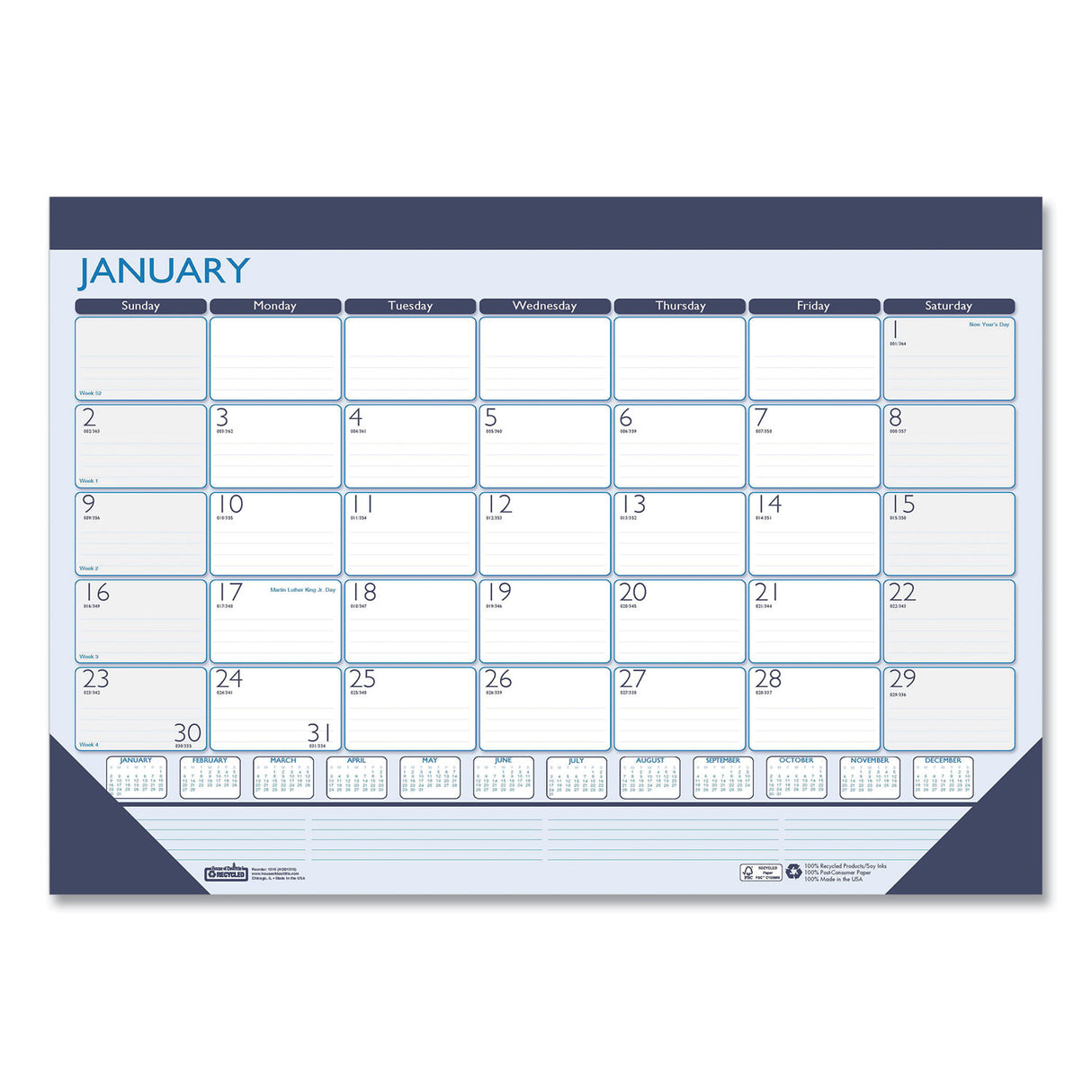 House of Doolittle Recycled Contempo Desk Pad Calendar, 22 x 17, White/Blue Sheets, Blue Binding, Blue Corners, 12-Month (Jan to Dec): 2025 (151)