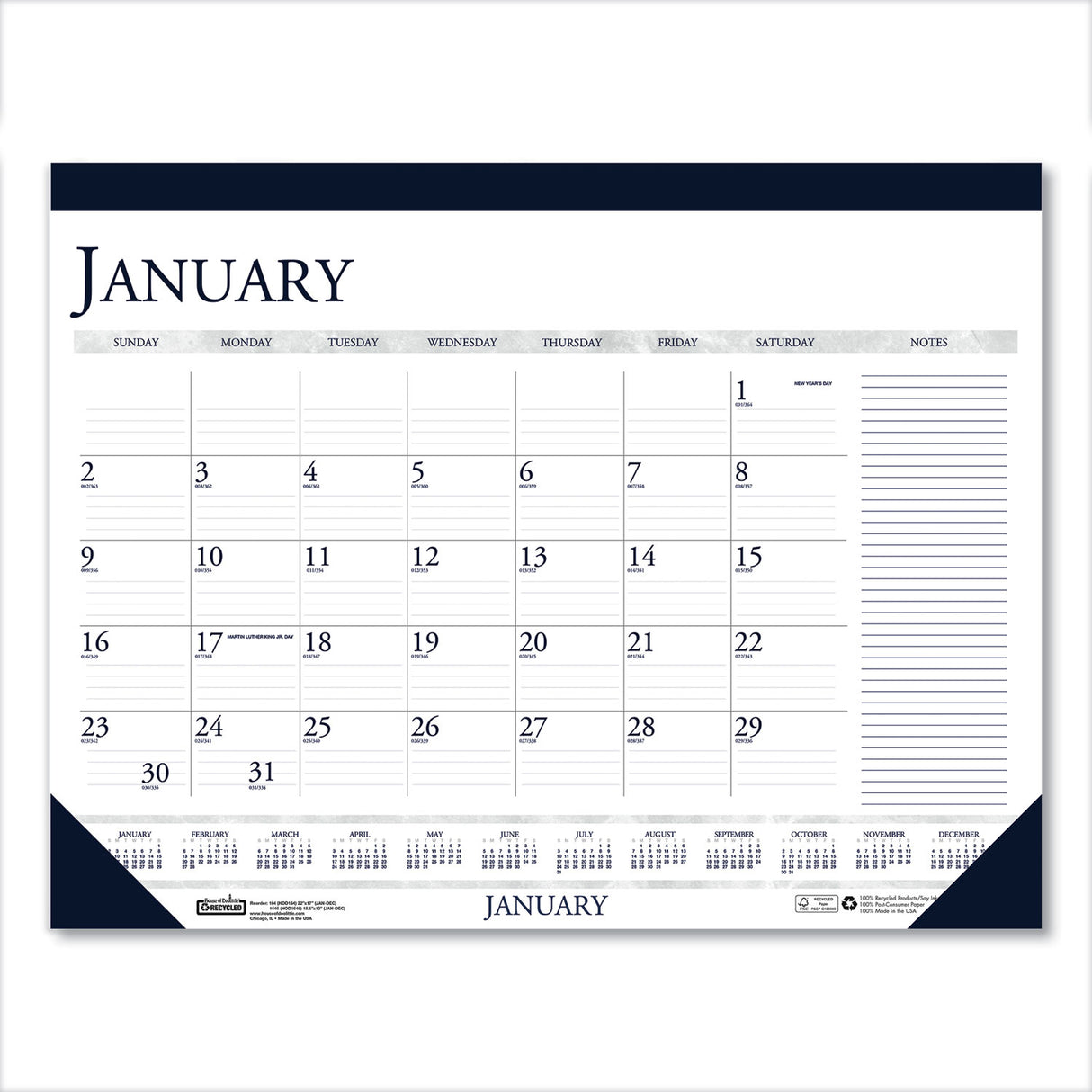 House of Doolittle Recycled Two-Color Monthly Desk Pad Calendar with Notes Section, 18.5 x 13, Blue Binding/Corners, 12-Month (Jan-Dec): 2025 (1646)
