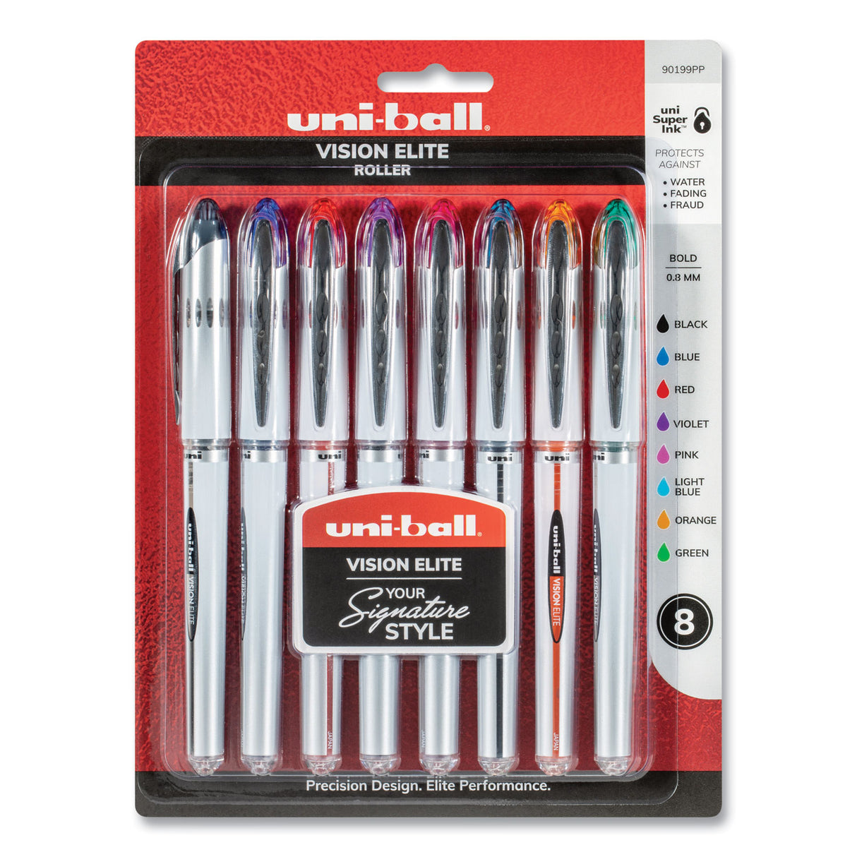 uni-ball VISION ELITE Hybrid Gel Pen, Stick, Bold 0.8 mm, Assorted Ink and Barrel Colors, 8/Pack (90199PP)