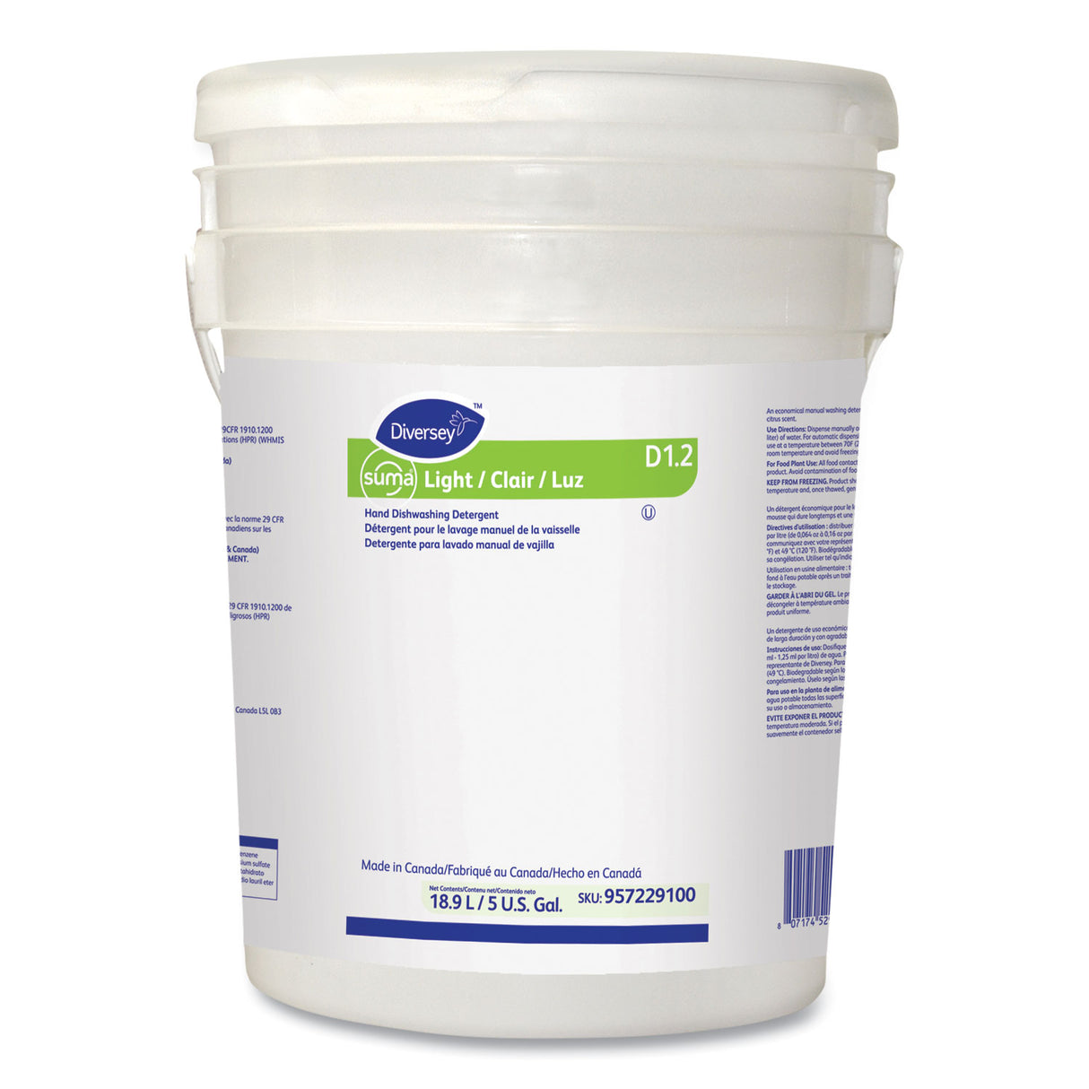 Diversey Suma Light D1.2 Hand Dishwashing Detergent, Liquid, Citrus, 5 gal Pail (957229100)