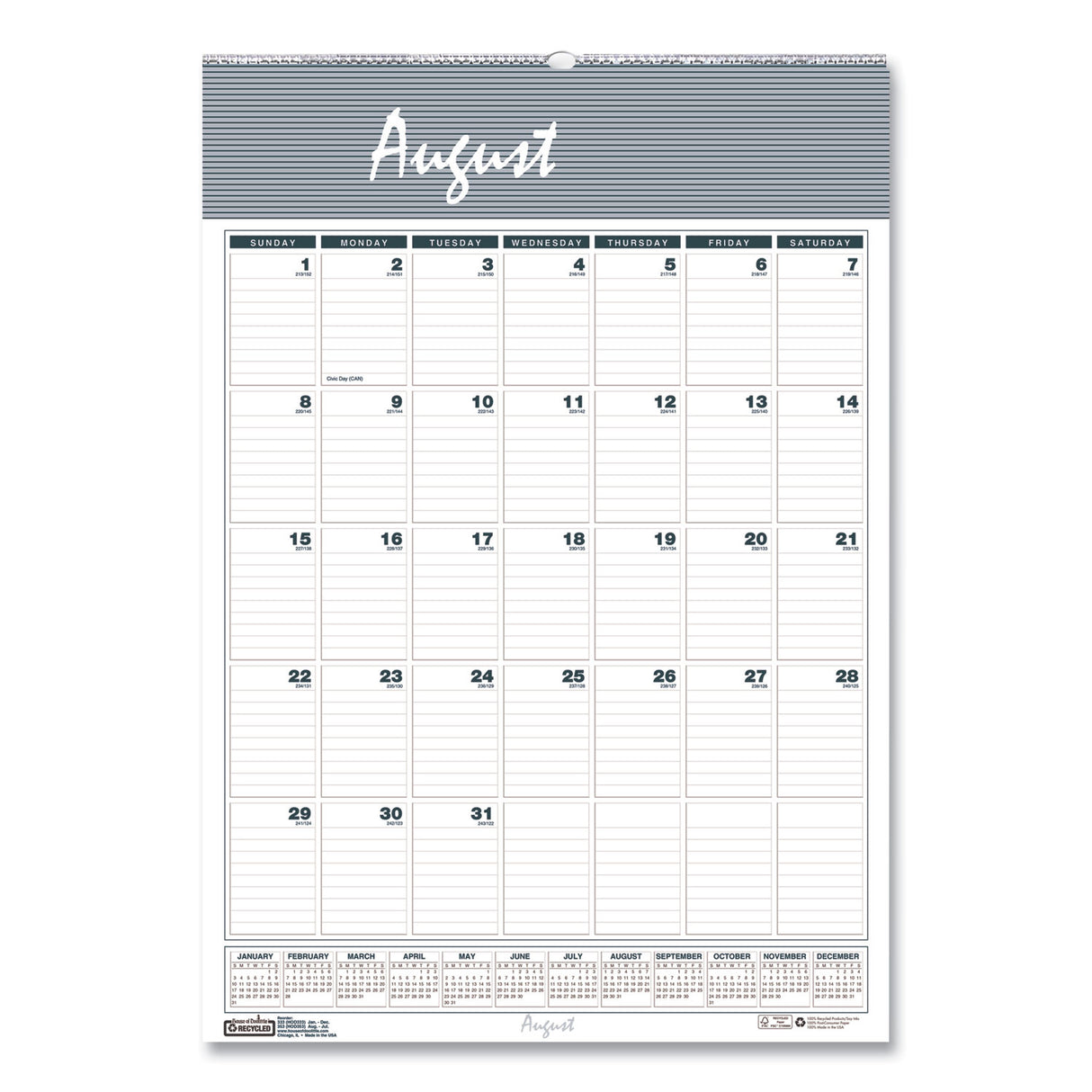 House of Doolittle Academic Year Bar Harbor Recycled Wirebound Monthly Wall Calendar, 15.5 x 22, White/Blue Sheets, 12-Month(Aug-July):2024-2025 (353)
