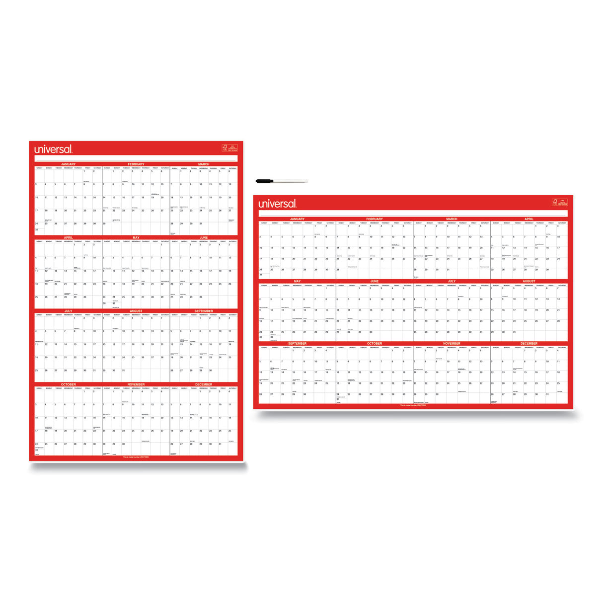 Universal Erasable Wall Calendar, 24 x 36, White/Red Sheets, 12-Month (Jan to Dec): 2025 (UNV71004)