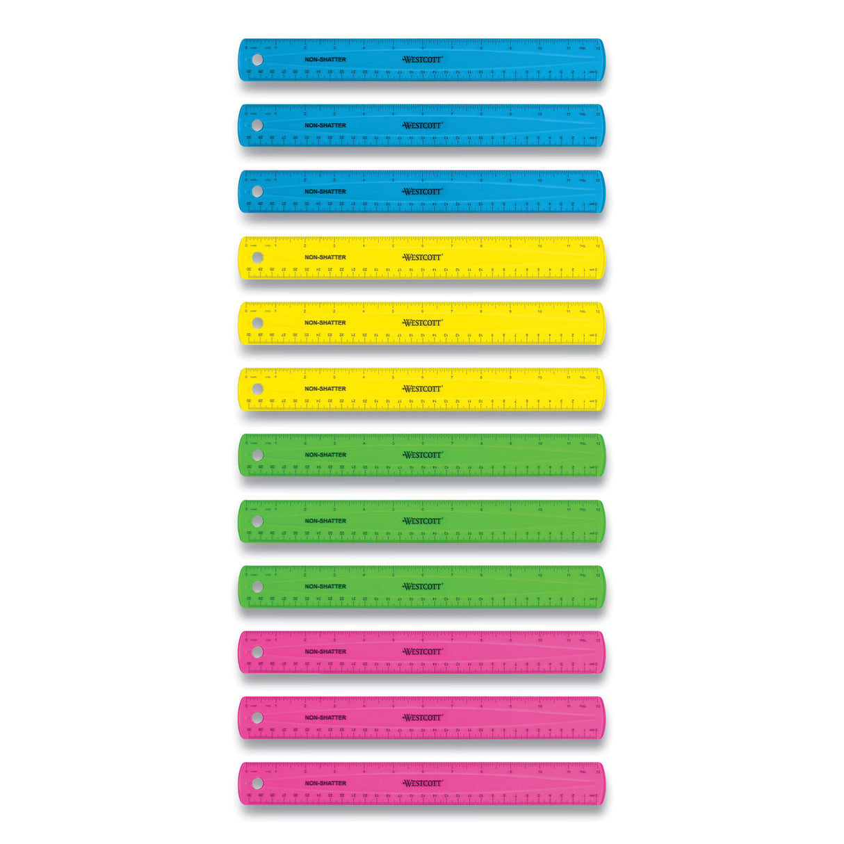 Westcott Non-Shatter Flexible Ruler, Standard/Metric, 12" (30 cm) Long, Plastic, Assorted Translucent Colors, 12/Box (17721)