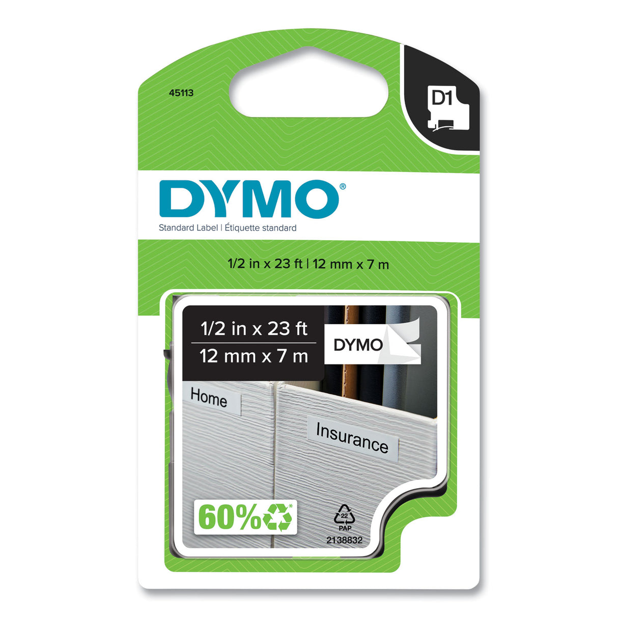 DYMO D1 High-Performance Polyester Removable Label Tape, 0.5" x 23 ft, Black on White (45113)