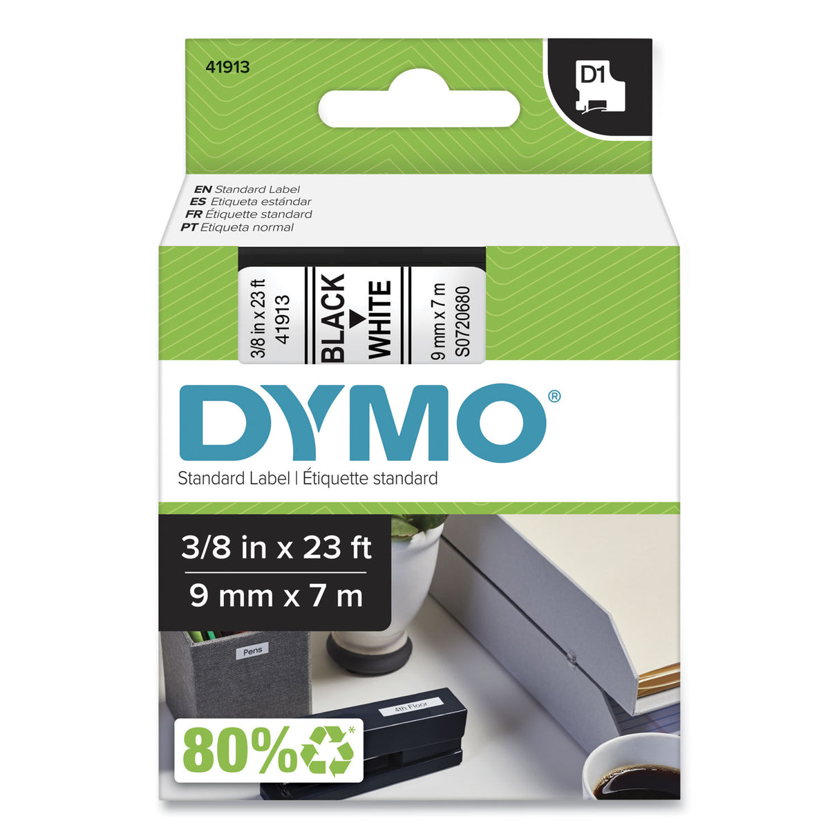 DYMO D1 High-Performance Polyester Removable Label Tape, 0.37" x 23 ft, Black on White (41913)