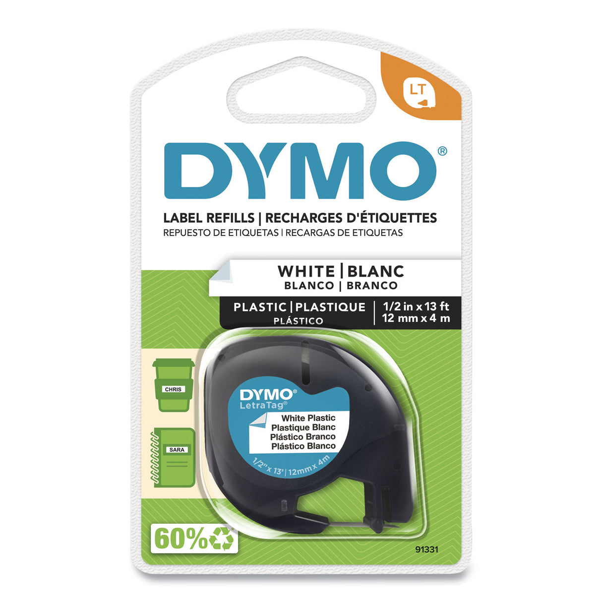 DYMO LetraTag Plastic Label Tape Cassette, 0.5" x 13 ft, White (91331)