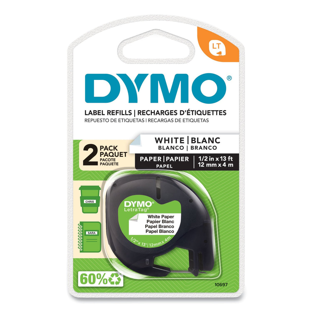 DYMO LetraTag Paper Label Tape Cassettes, 0.5" x 13 ft, White, 2/Pack (10697)