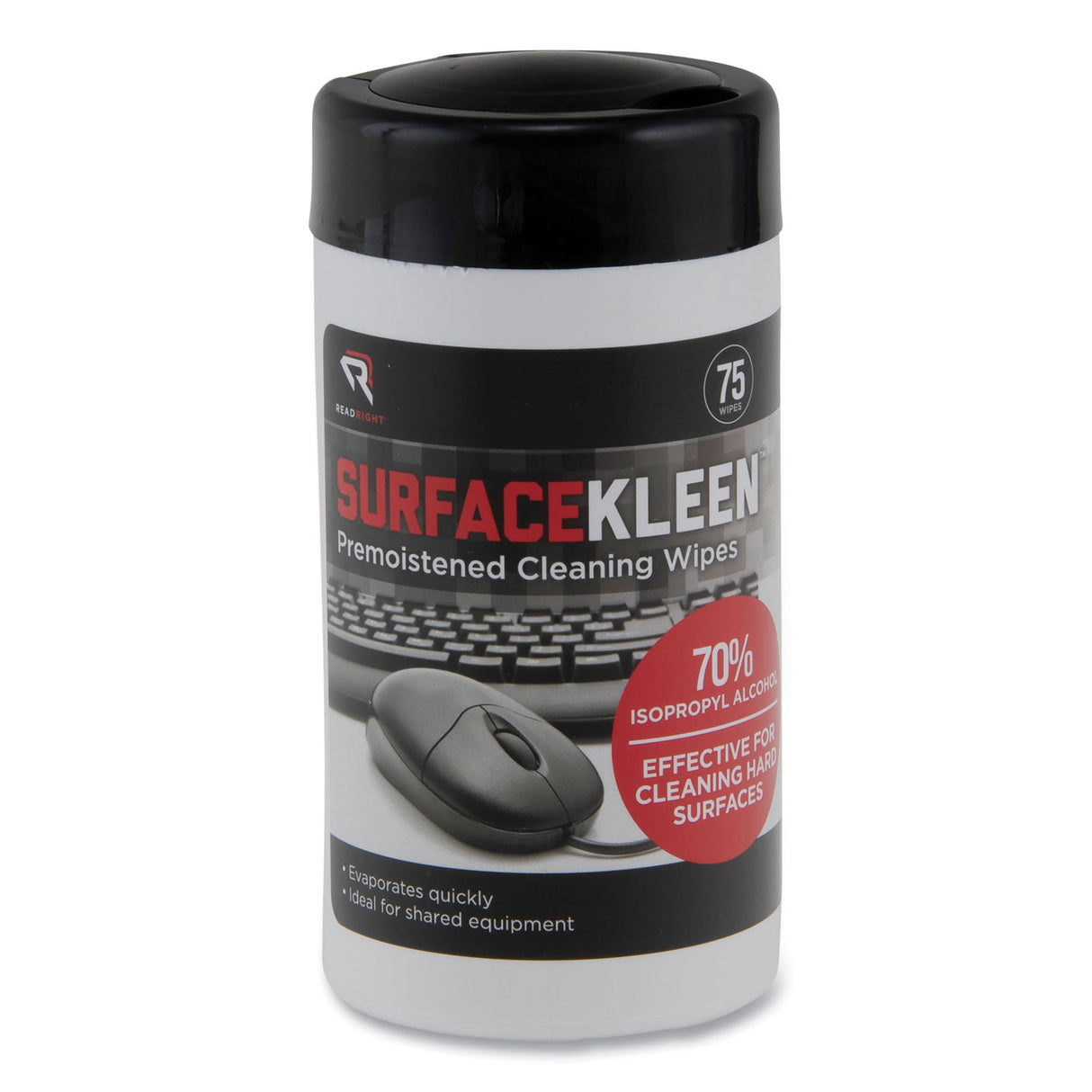 Read Right SurfaceKleen Premoistened Alcohol Cleaning Wipes, 6.38 x 5.4, Tub, Unscented, White, 75/Pack (RR15111)