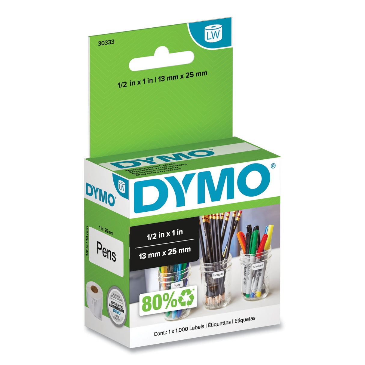 DYMO LabelWriter Multipurpose Labels, 0.5" x 1", White, 1000 Labels/Roll (30333)