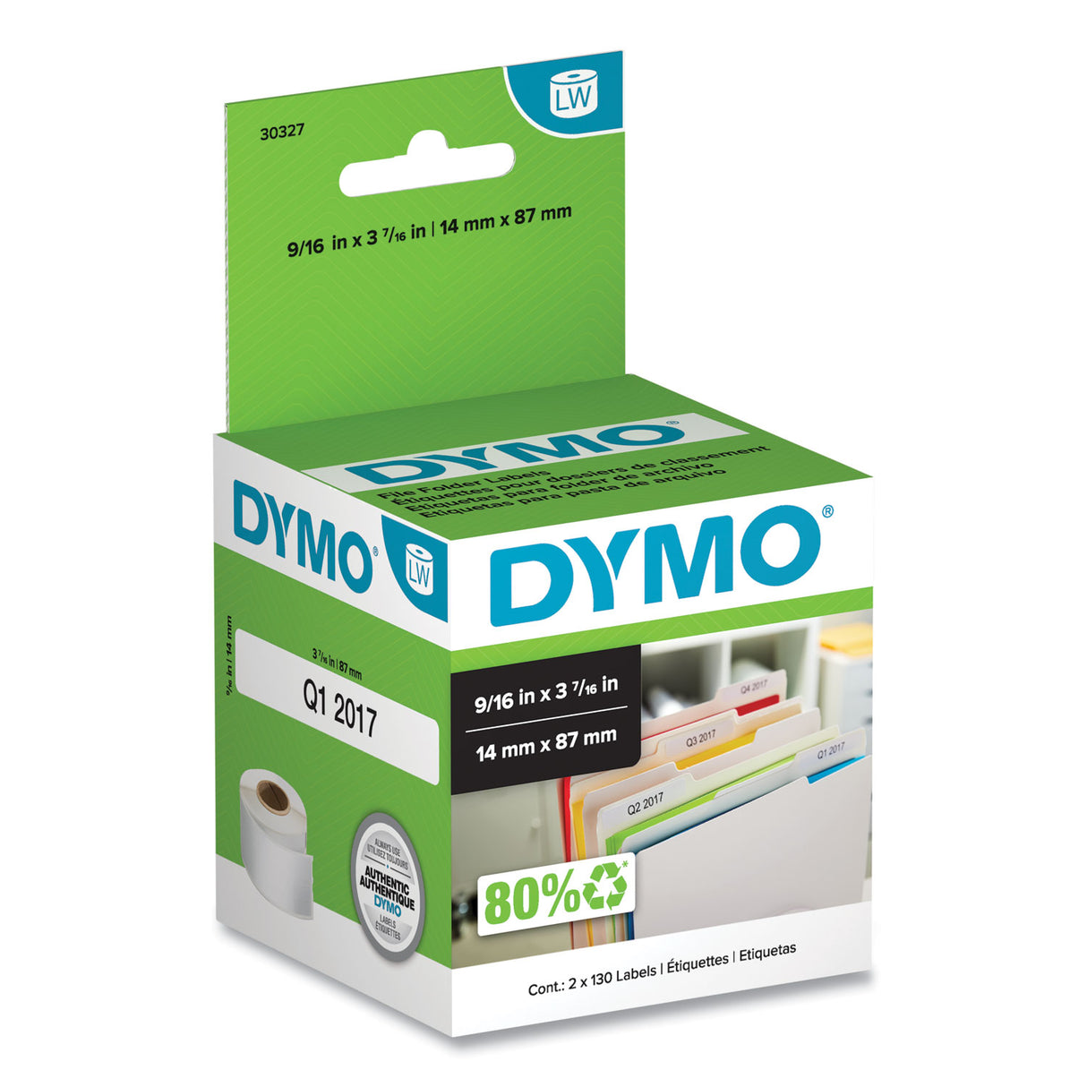 DYMO LabelWriter 1-UP File Folder Labels, 0.56" x 3.43", White, 130 Labels Roll, 2 Rolls/Pack (30327)