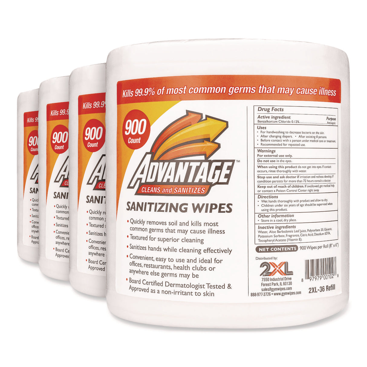 2XL Gym Wipes Advantage, 1-Ply, 6 x 8, Unscented, White, 900/Roll, 4 Rolls/Carton (L36R)