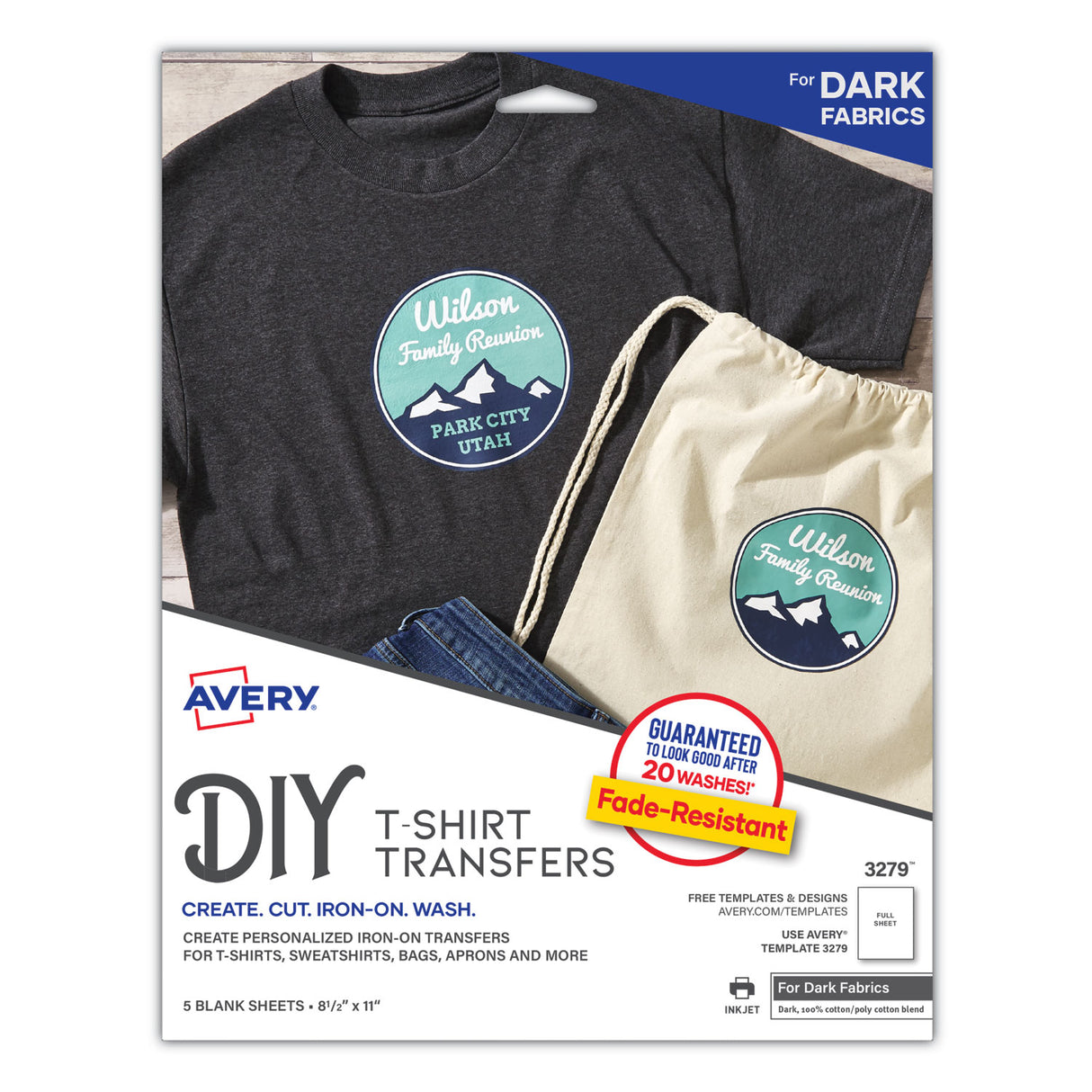 Avery Fabric Transfers, 8.5 x 11, White, 5/Pack (3279)