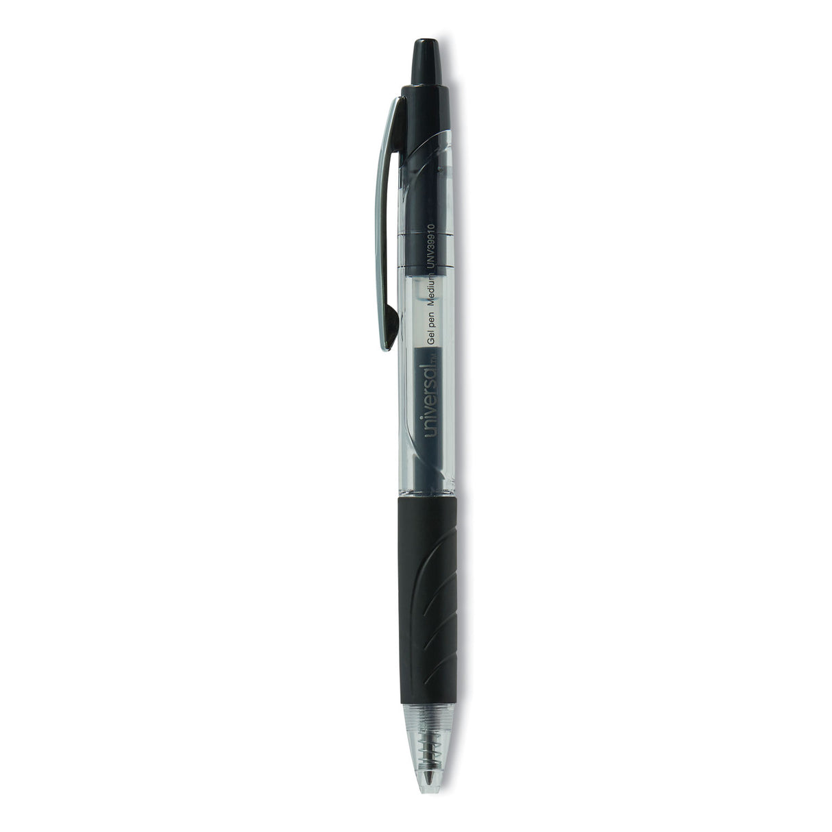 Universal Comfort Grip Gel Pen, Retractable, Medium 0.7 mm, Black Ink, Clear/Black Barrel, 36/Pack (UNV39910)