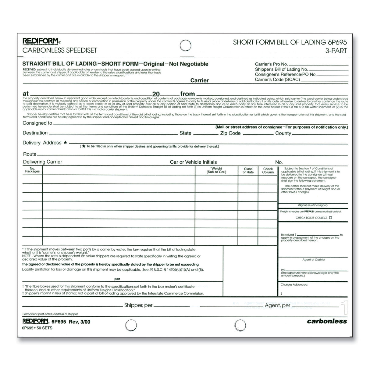 Rediform Speediset Bill of Lading, Short Form, Three-Part Carbonless, 7 x 8.5, 50 Forms Total (6P695)