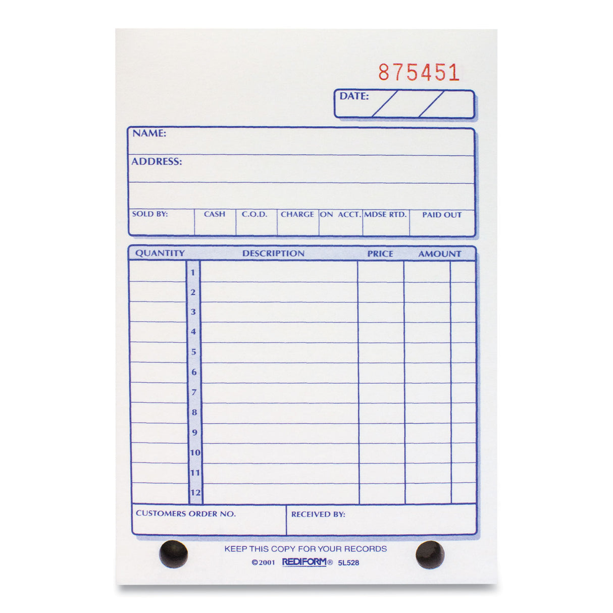 Rediform Sales Book, 12 Lines, Three-Part Carbonless, 4.25 x 6.38, 50 Forms Total (5L528)