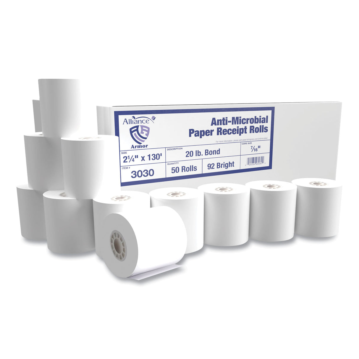 Alliance Armor Antimicrobial Receipt Roll Paper, 2.25" x 130 ft, White, 50/Carton (3030)