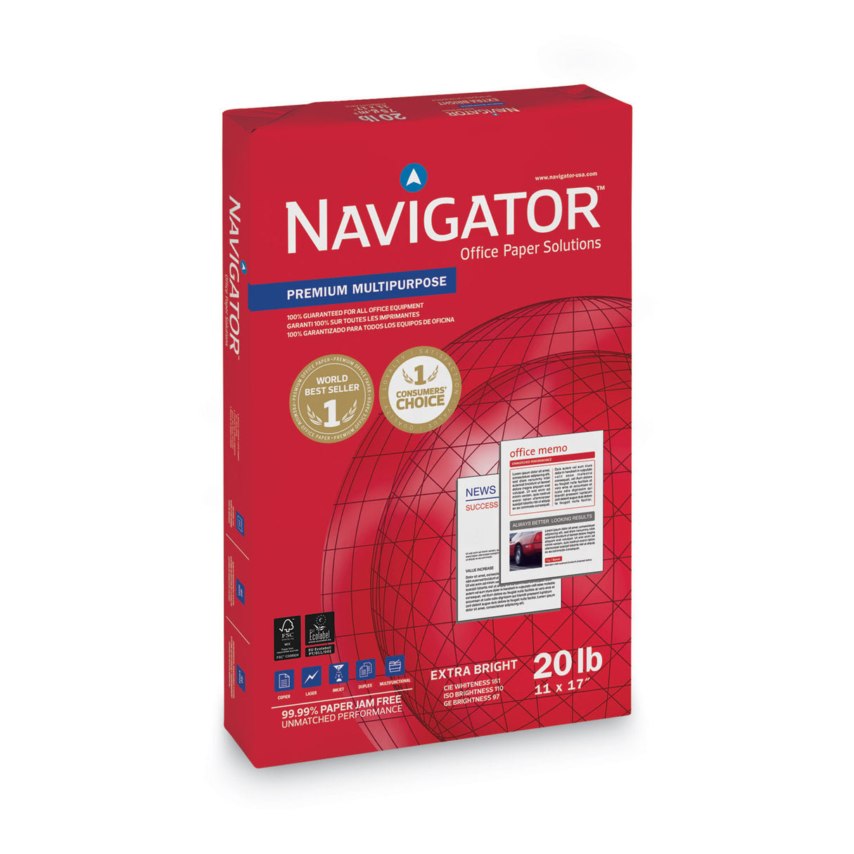 Navigator Premium Multipurpose Copy Paper, 97 Bright, 20 lb Bond Weight, 11 x 17, White, 500 Sheets/Ream, 5 Reams/Carton (NMP1720)