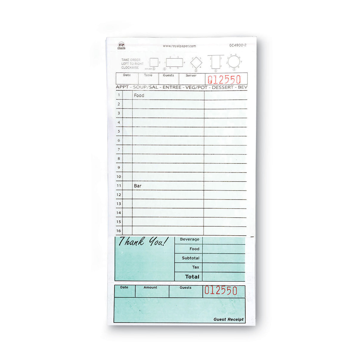 AmerCareRoyal Guest Check Pad, 16 Lines, Two-Part Carbonless, 4.2 x 8.25, 50 Forms/Pad, 50 Pads/Carton (GC49002)