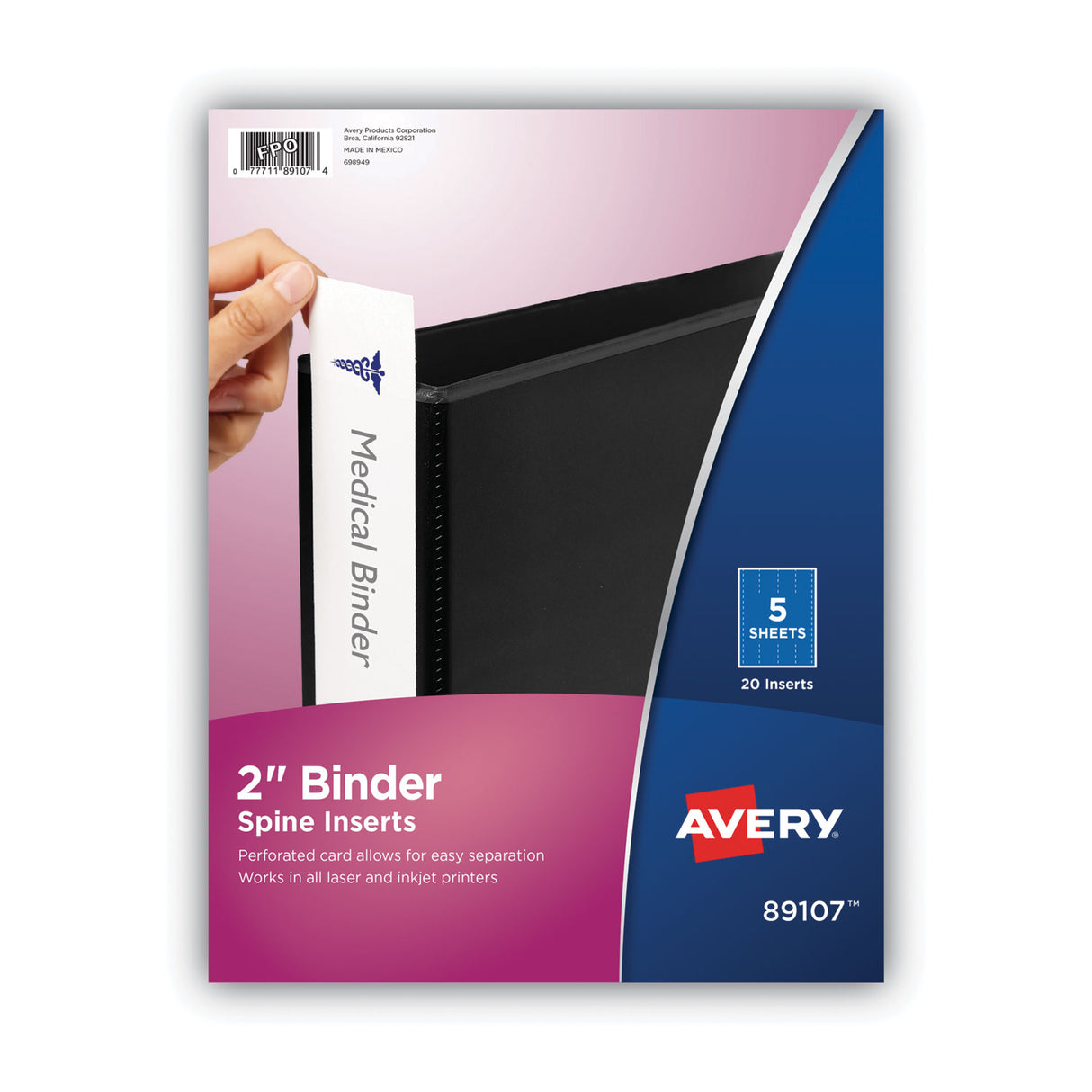 Avery Binder Spine Inserts, 2" Spine Width, 4 Inserts/Sheet, 5 Sheets/Pack (89107)