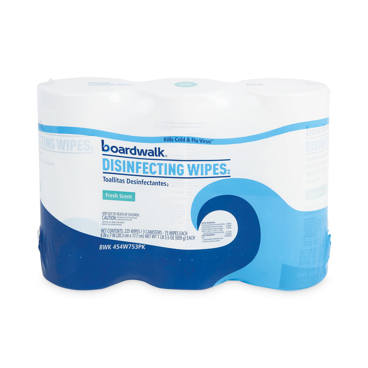 Boardwalk® Disinfecting Wipes, Fresh, 75 Count, 3 Canisters (BWK454W753PK)