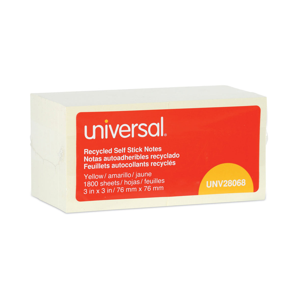 Universal Recycled Self-Stick Note Pads, 3" x 3", Yellow, 100 Sheets/Pad, 18 Pads/Pack (UNV28068)