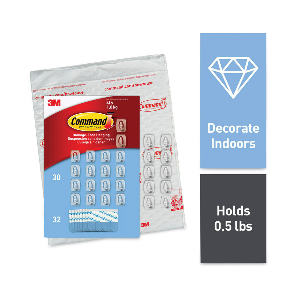 Command Mini Hooks, Small, Plastic, Clear, 0.5 lb Capacity, 30 Hooks and 32 Strips/Pack (17006CLR30NA)