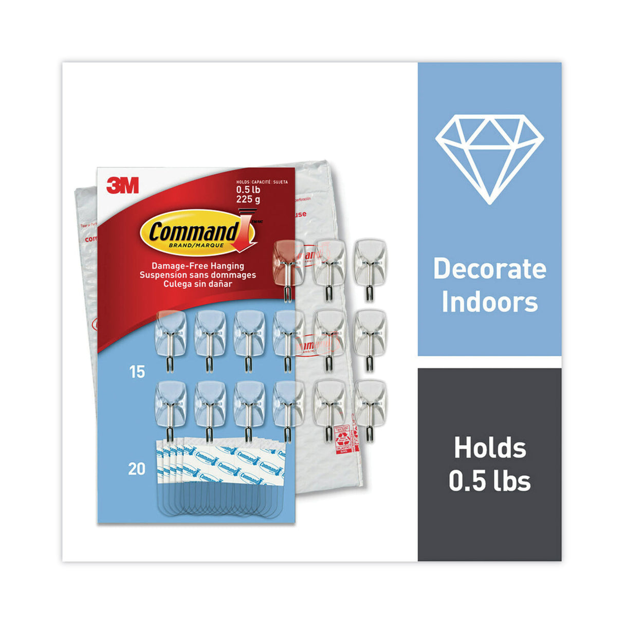 Command Small Wire Hooks, Small, Plastic/Metal, Clear, 0.5 lb Capacity, Clear, 15 Hooks and 20 Strips/Pack (17067CLR15NA)