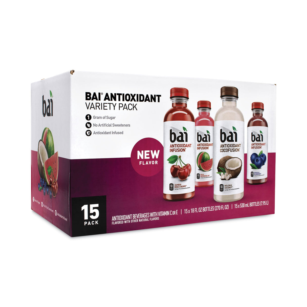 Bai Antioxidant Infused Beverage, Variety Pack, 18 oz Bottle, 15/Carton (22000656)