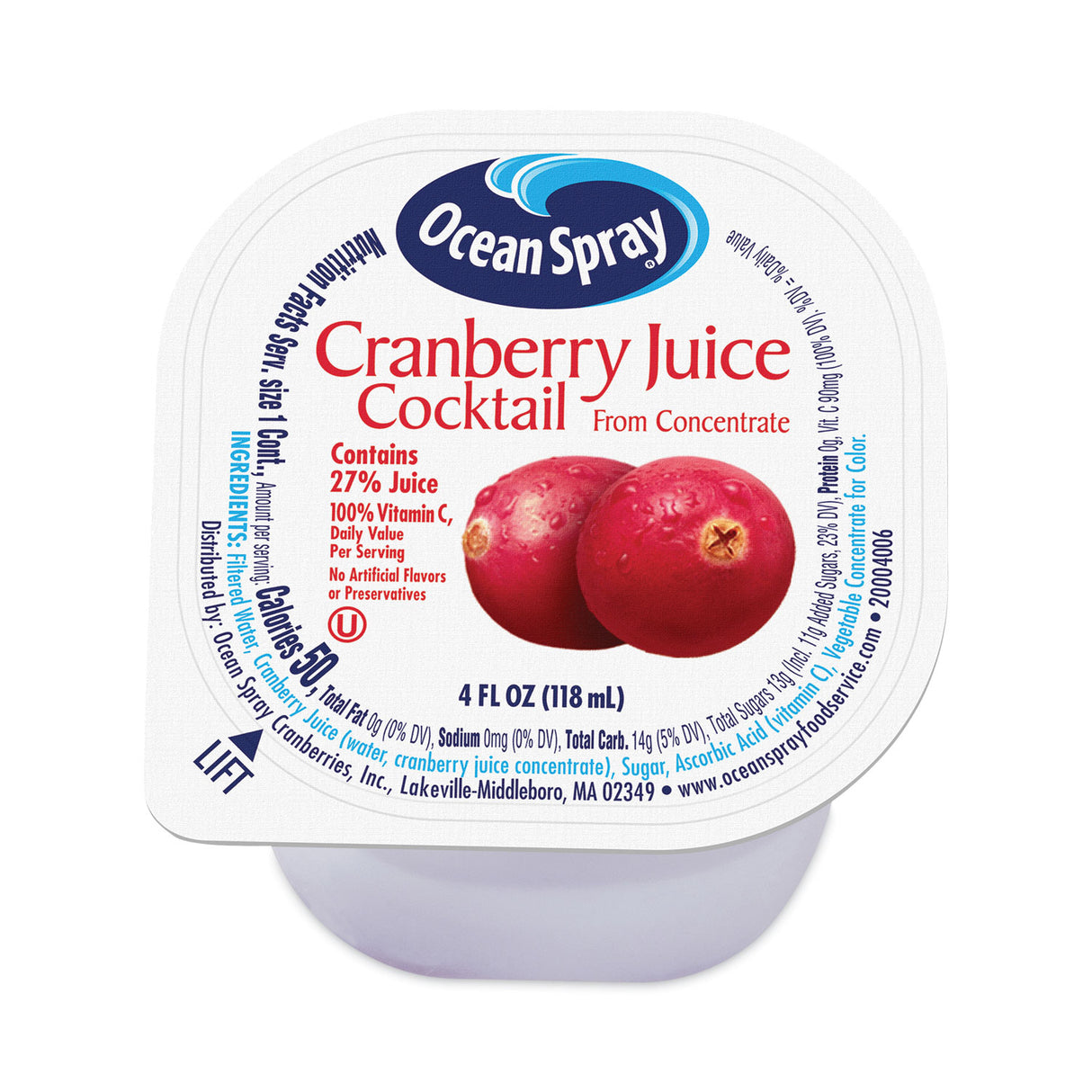 Ocean Spray Cranberry Juice Drink, Cranberry, 4 oz Cup, 48/Carton (30700003)