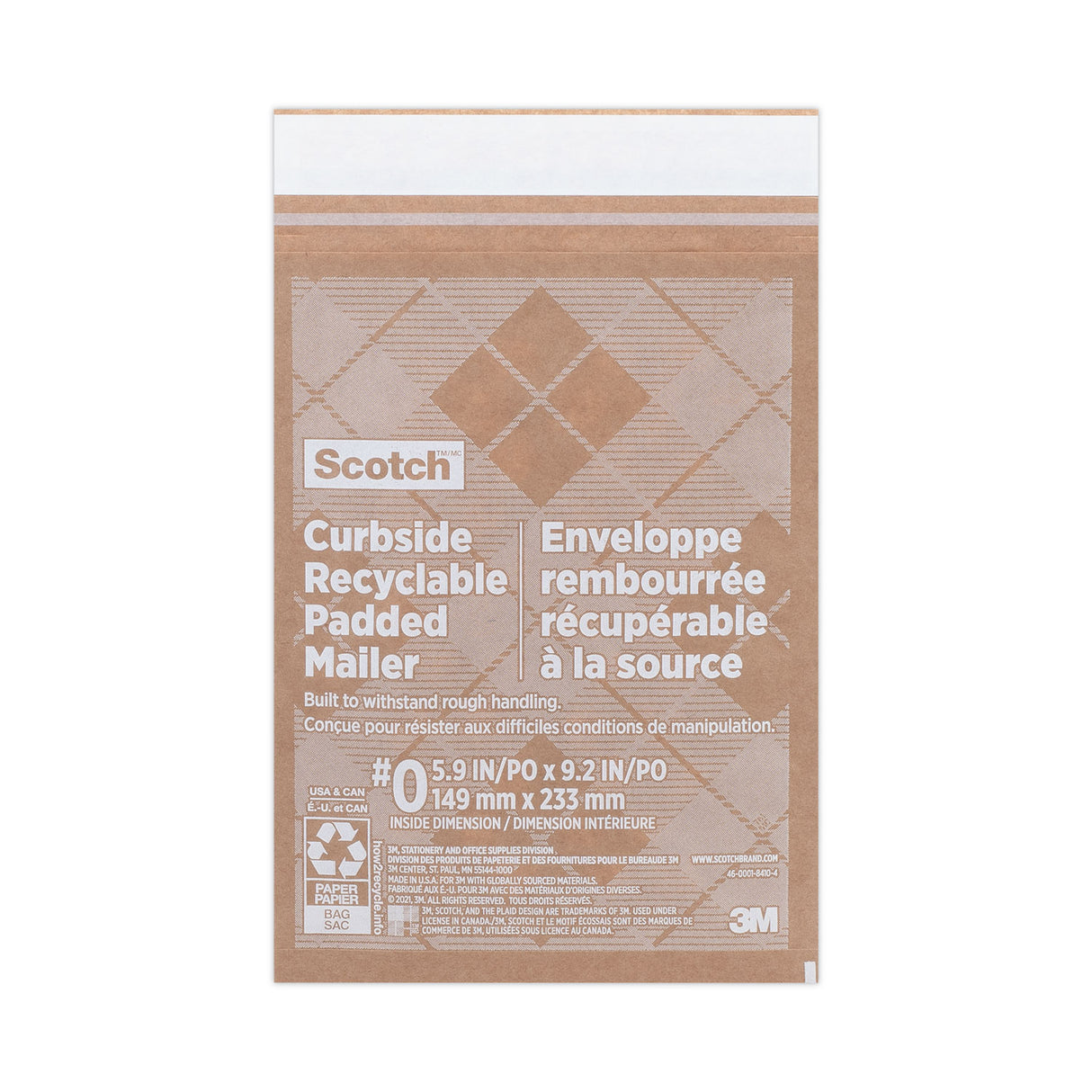 Scotch Curbside Recyclable Padded Mailer, #0, Bubble Cushion, Self-Adhesive Closure, 7 x 11.25, Natural Kraft, 100/Carton (CR01)