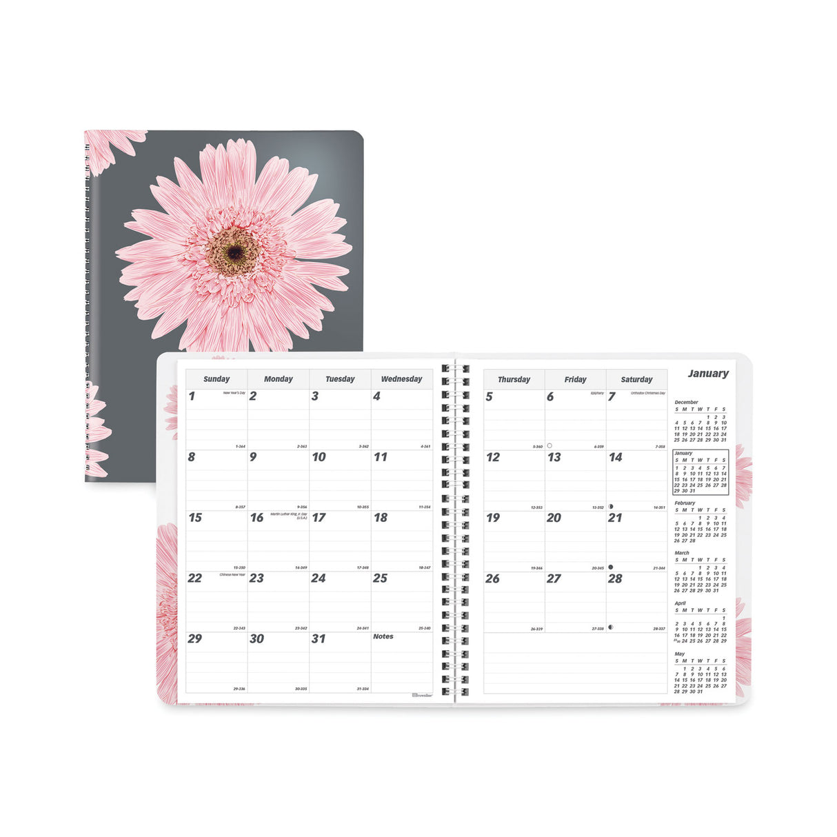 Brownline Essential Collection Ruled Monthly Planner, Daisy Artwork, 8.88 x 7.13, Black/Pink Cover, 14-Month: Dec 2024 to Jan 2026 (CB1200G05)