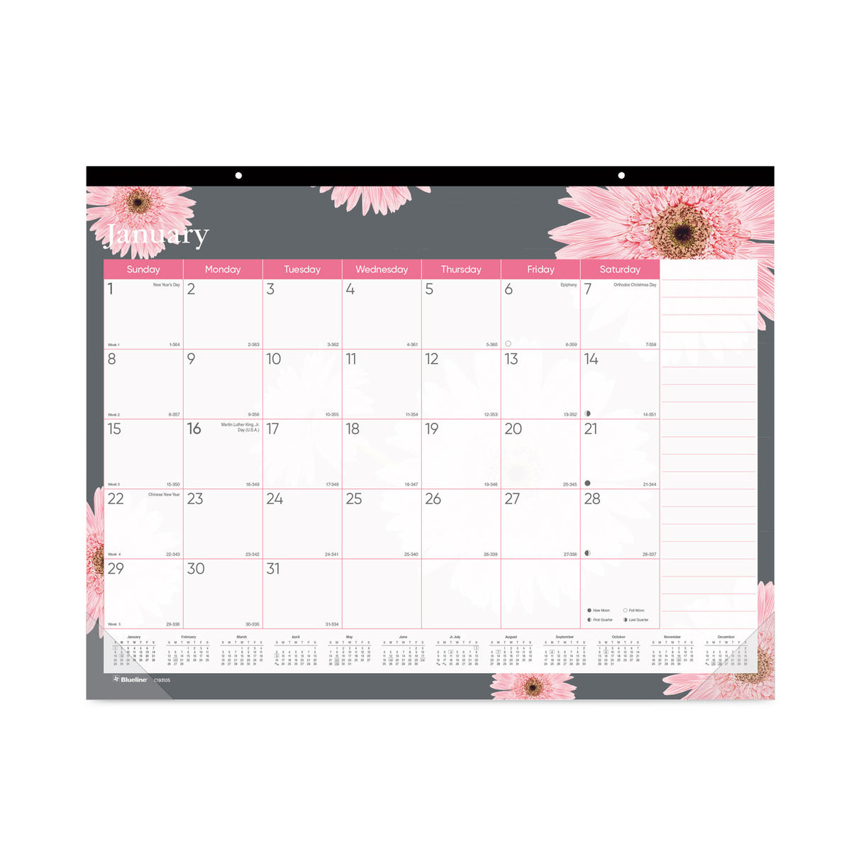 Brownline Monthly Desk Pad Calendar, Pink Daisy Artwork, 22 x 17, Pink/White Sheets, Black Binding, 12-Month (Jan to Dec): 2025 (C193105)