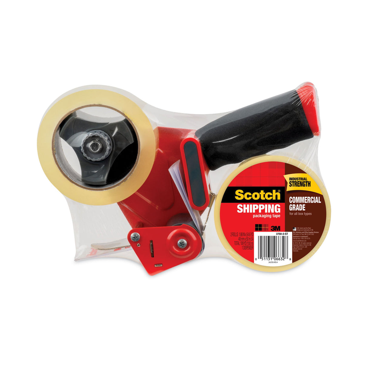 Scotch Packaging Tape Dispenser with Two Rolls of Tape, 3" Core, For Rolls Up to 0.75" x 60 yds, Red (37502ST)