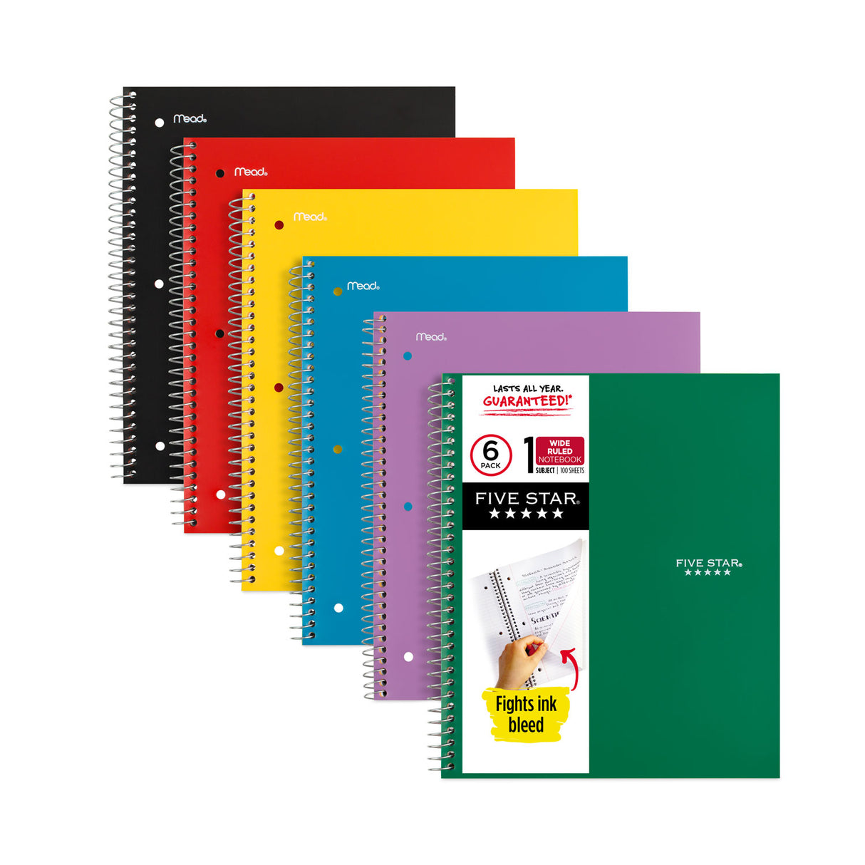 Five Star Wirebound Notebook, 1-Subject, Wide/Legal Rule, Assorted Cover Colors, (100) 10.5 x 8 Sheets, 6/Pack (38042)