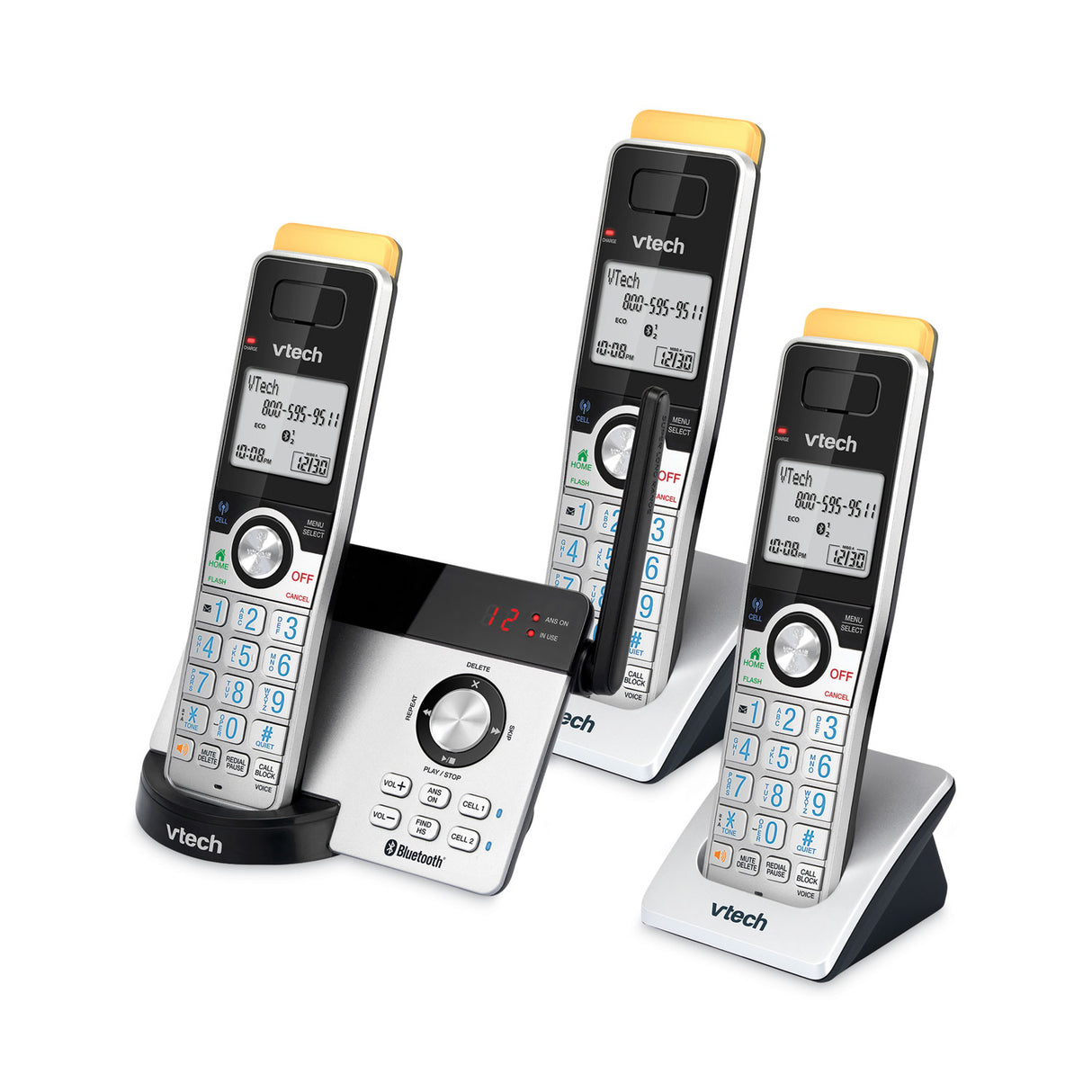 Vtech 80-2151-02 Three-Handset Connect to Cell Cordless Telephone, Black/Silver (IS81223)