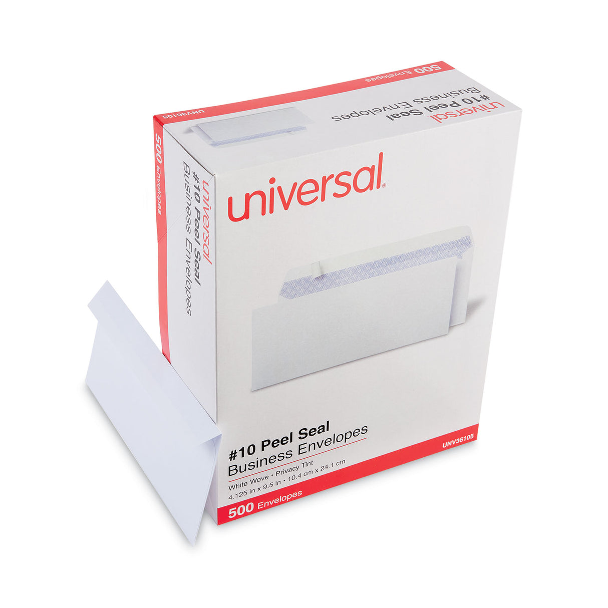 Universal Peel Seal Strip Security Tint Business Envelope, #10, Square Flap, Self-Adhesive Closure, 4.25 x 9.63, White, 500/Box (UNV36105)