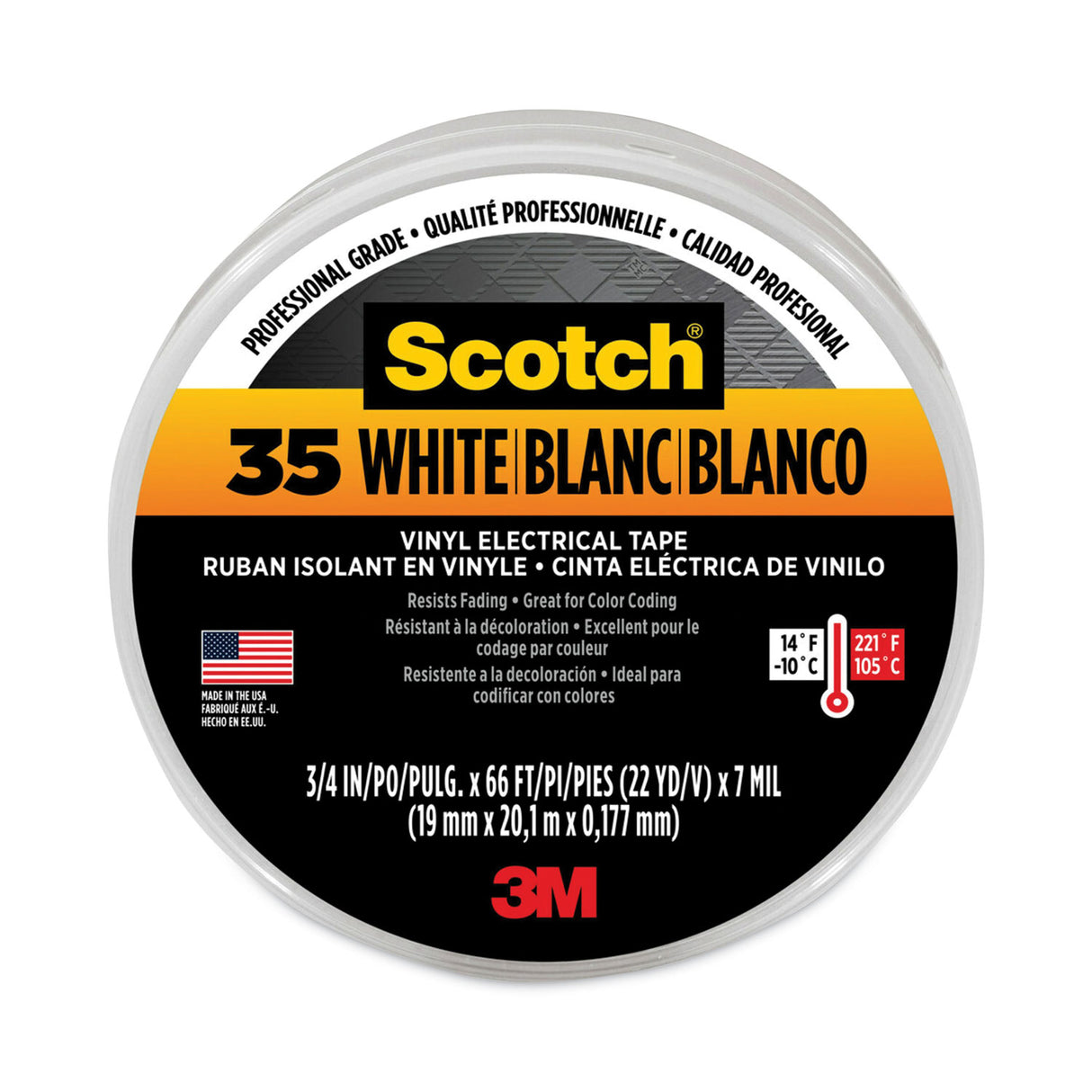 3M Scotch 35 Vinyl Electrical Color Coding Tape, 3" Core, 0.75" x 66 ft, White (10828)